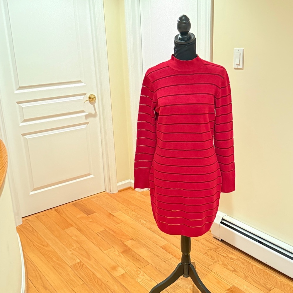 bebe Red with See Through Stripes Long Sleeve Dress / Tunic.